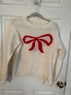 Cream Crewneck Sweater with Red Bow Motif